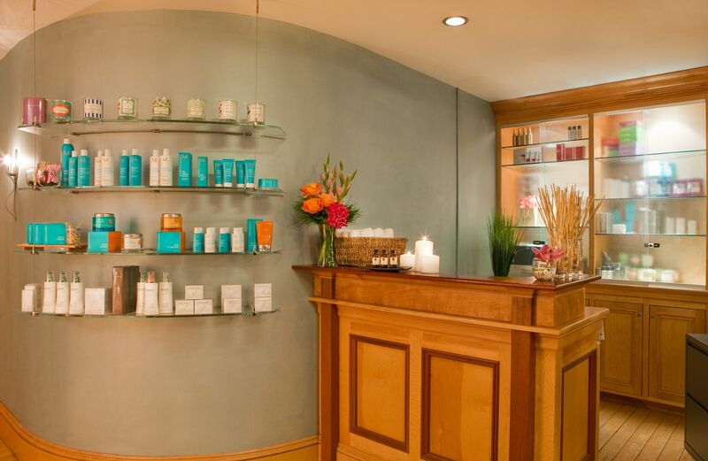 Spa check in desk and shelves with spa products